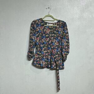 Lily White Black Floral Faux Wrap Blouse Sz S